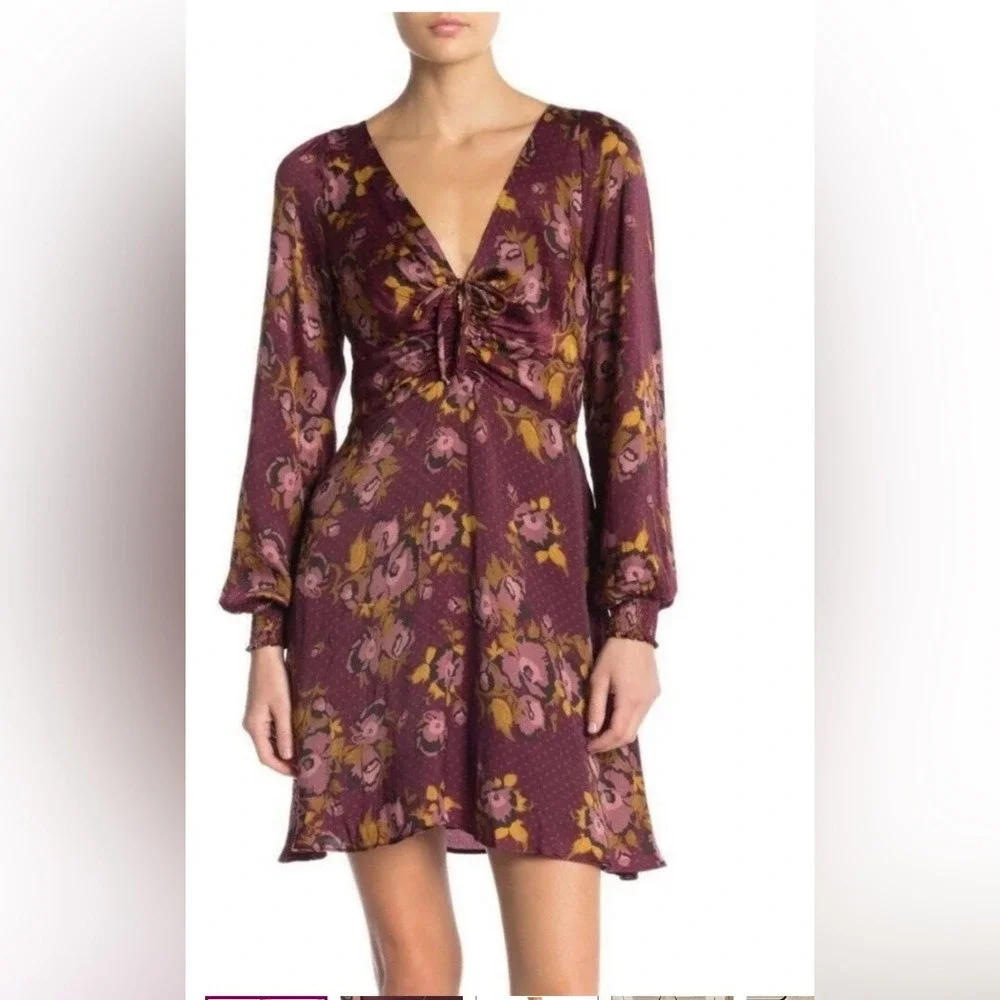 Free People Morning Light Minidress Purple Floral Long‎ Sleeve Size 8
